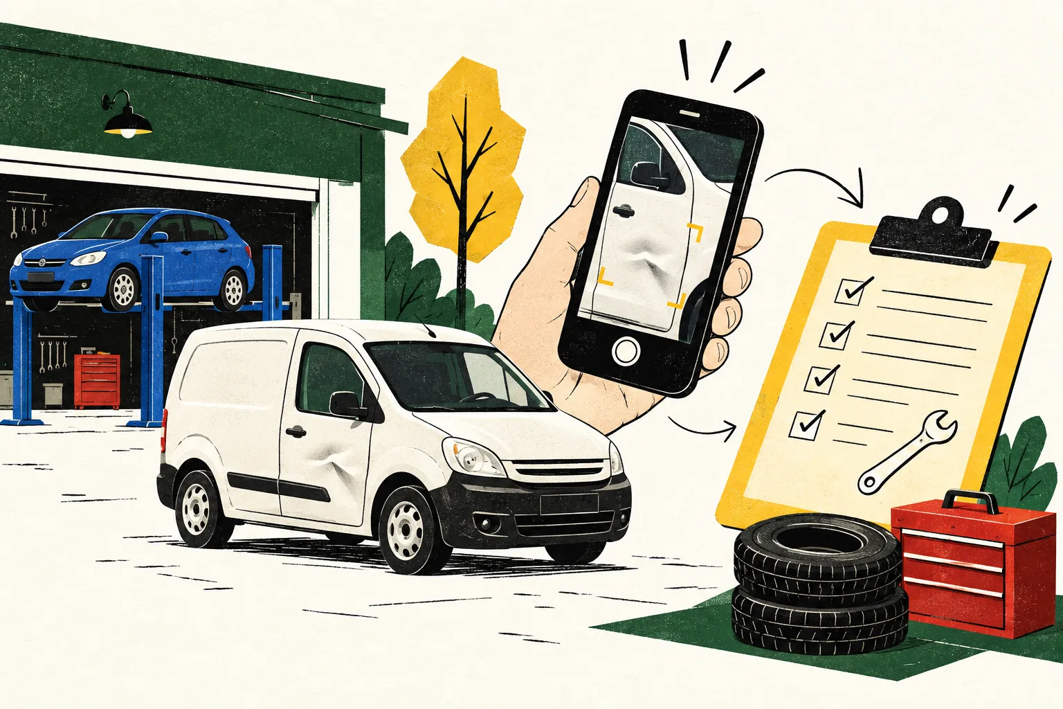 Editorial illustration of a rental vehicle, repair shop and phone-recorded damage