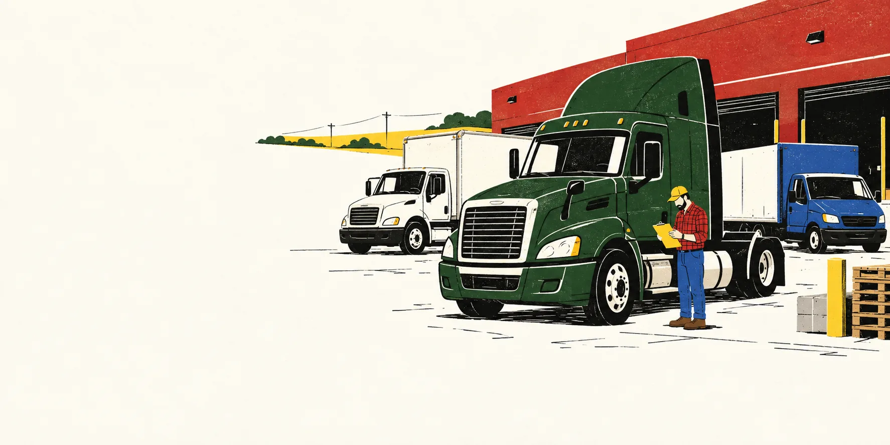Editorial illustration of a small commercial trucking fleet during a pre-trip inspection