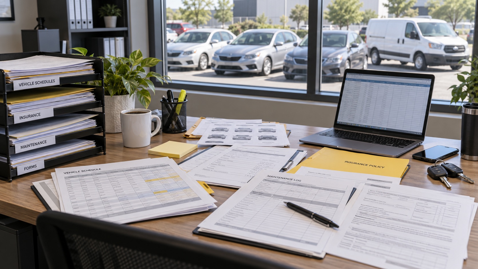 Illustration of insurance forms, vehicle records, and a spreadsheet in a small rental-fleet office