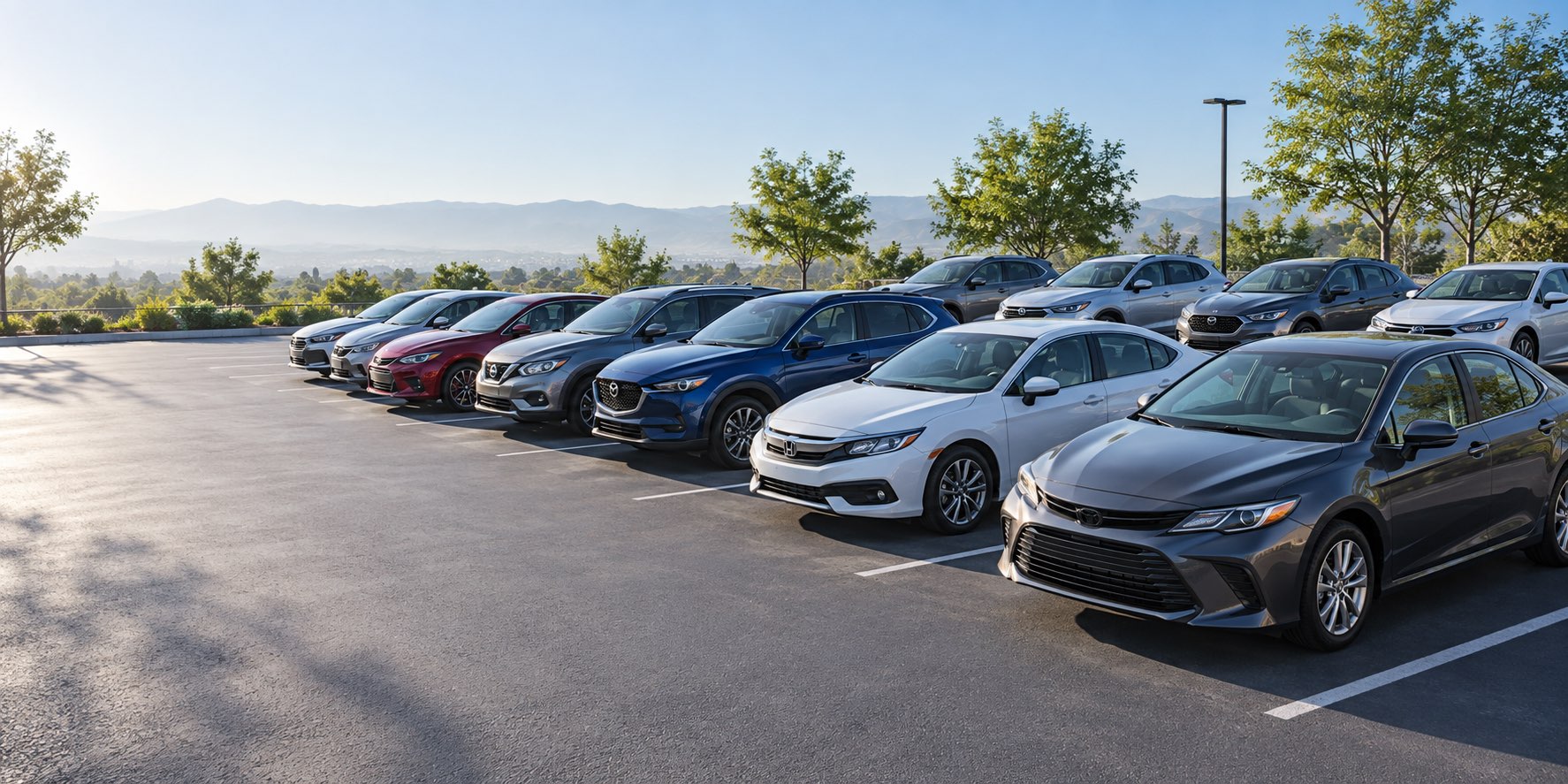 A fleet of passenger cars and compact SUVs prepared for rental operations