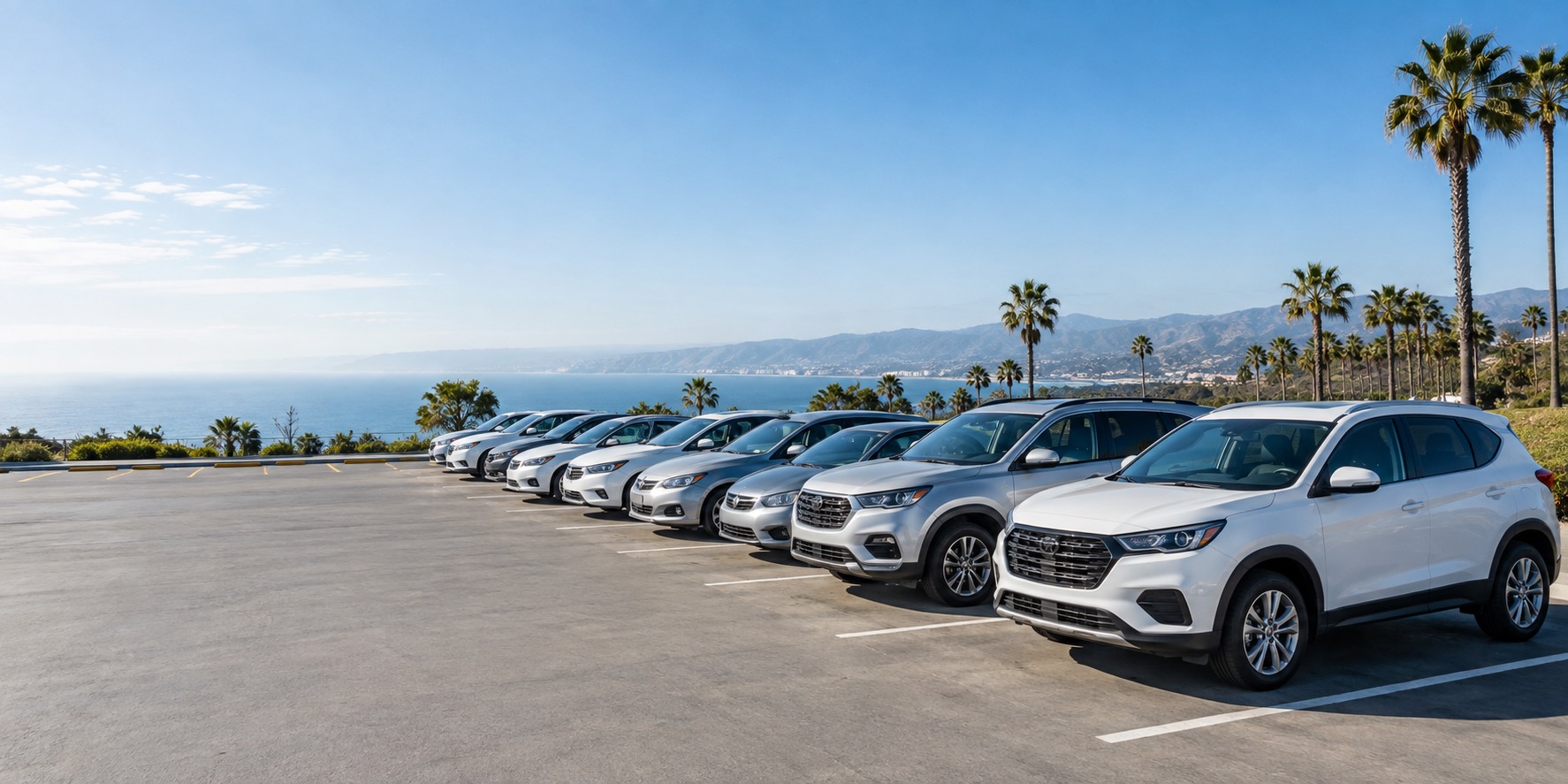 Illustrative rental cars and SUVs at a sunlit California forecourt
