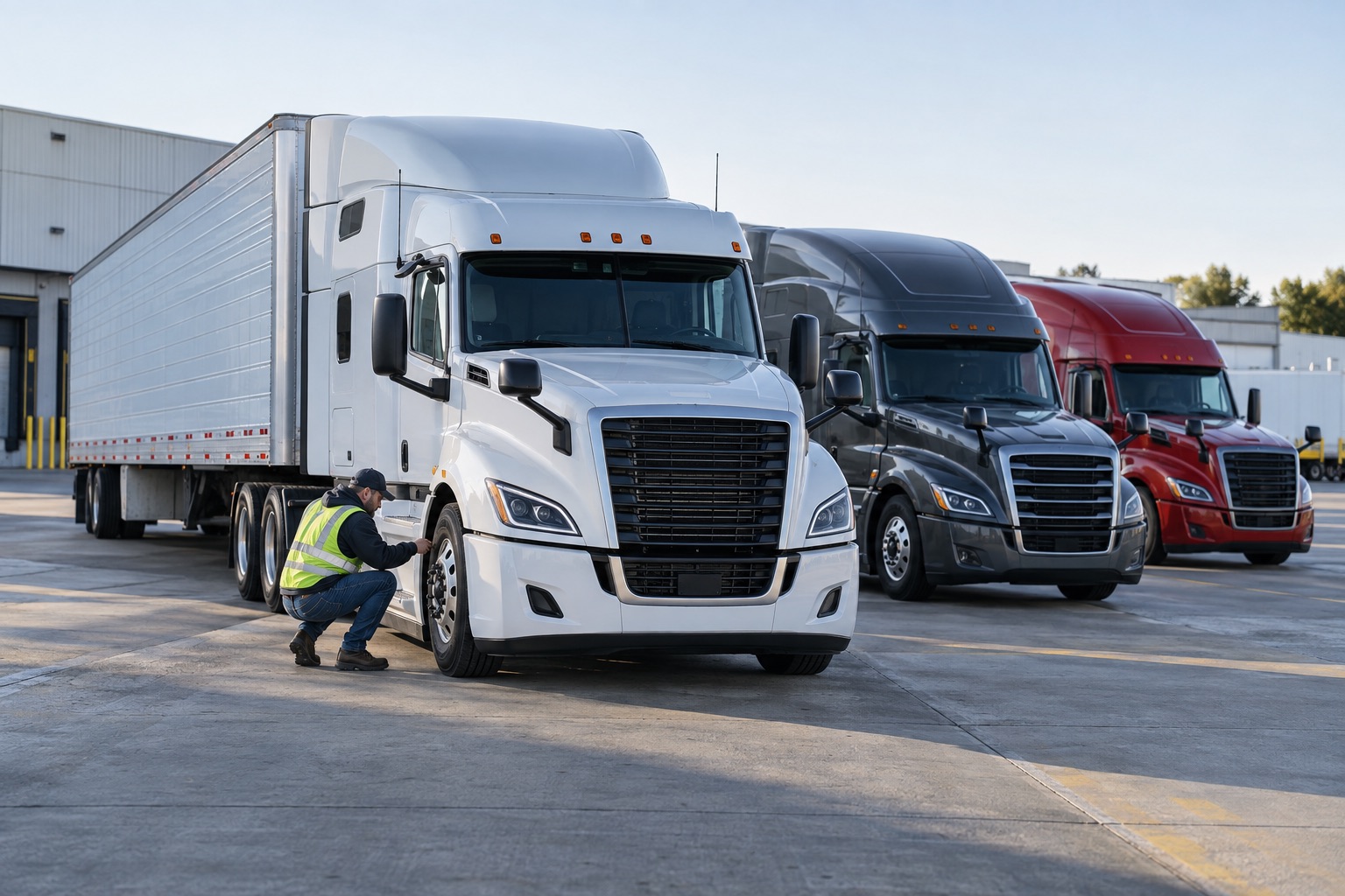 Three commercial trucks at a freight yard during a pre-trip inspection