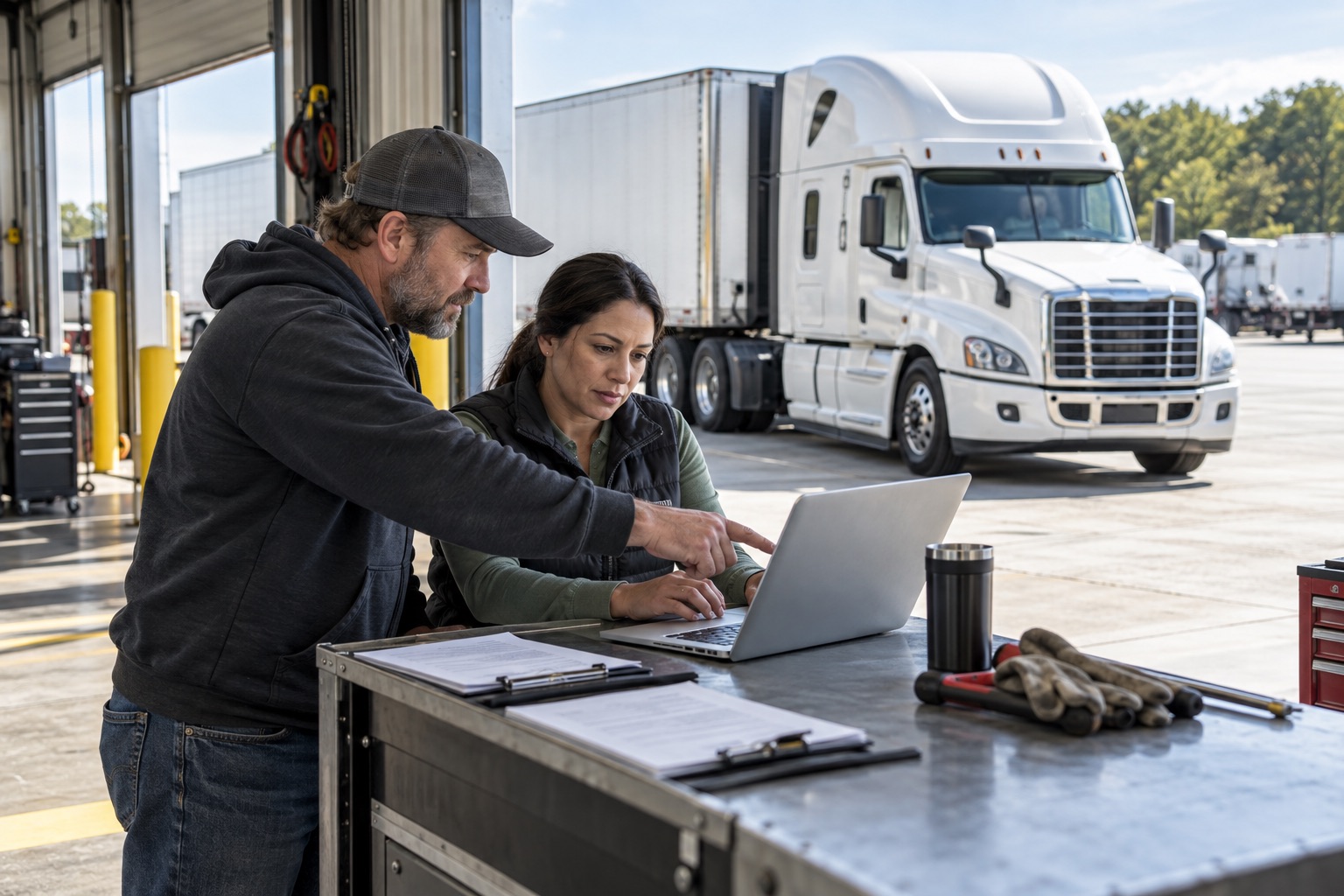 A small-fleet manager and owner-operator reviewing records beside a commercial truck
