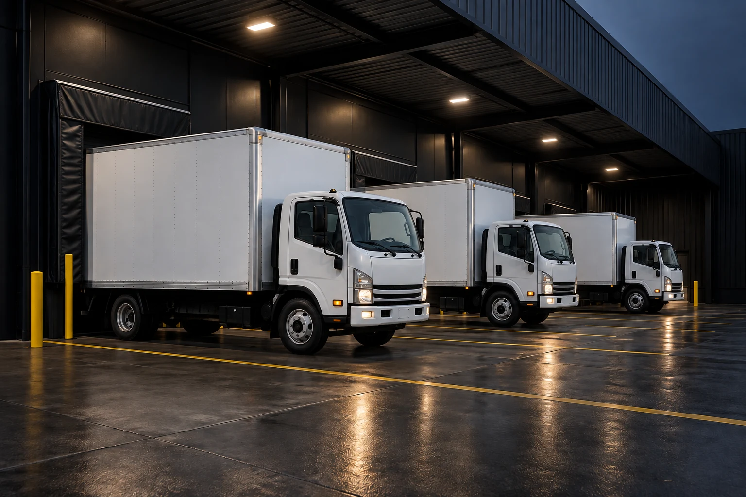 Illustrative unmarked delivery trucks at freight loading bays