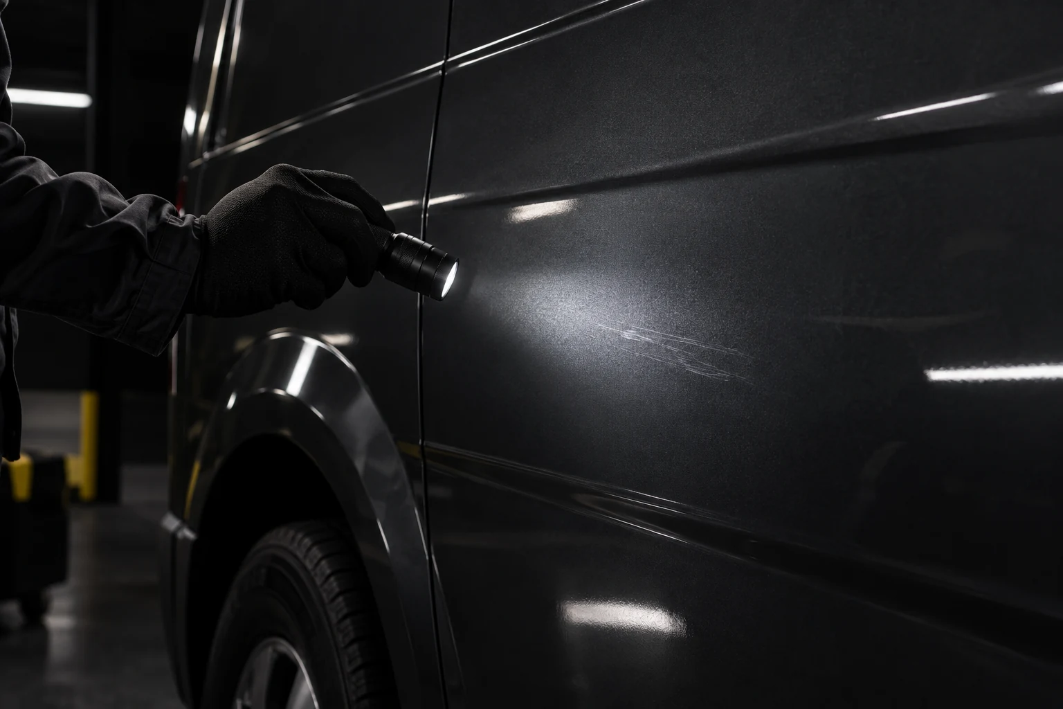Illustrative side-panel inspection of an unbranded commercial van