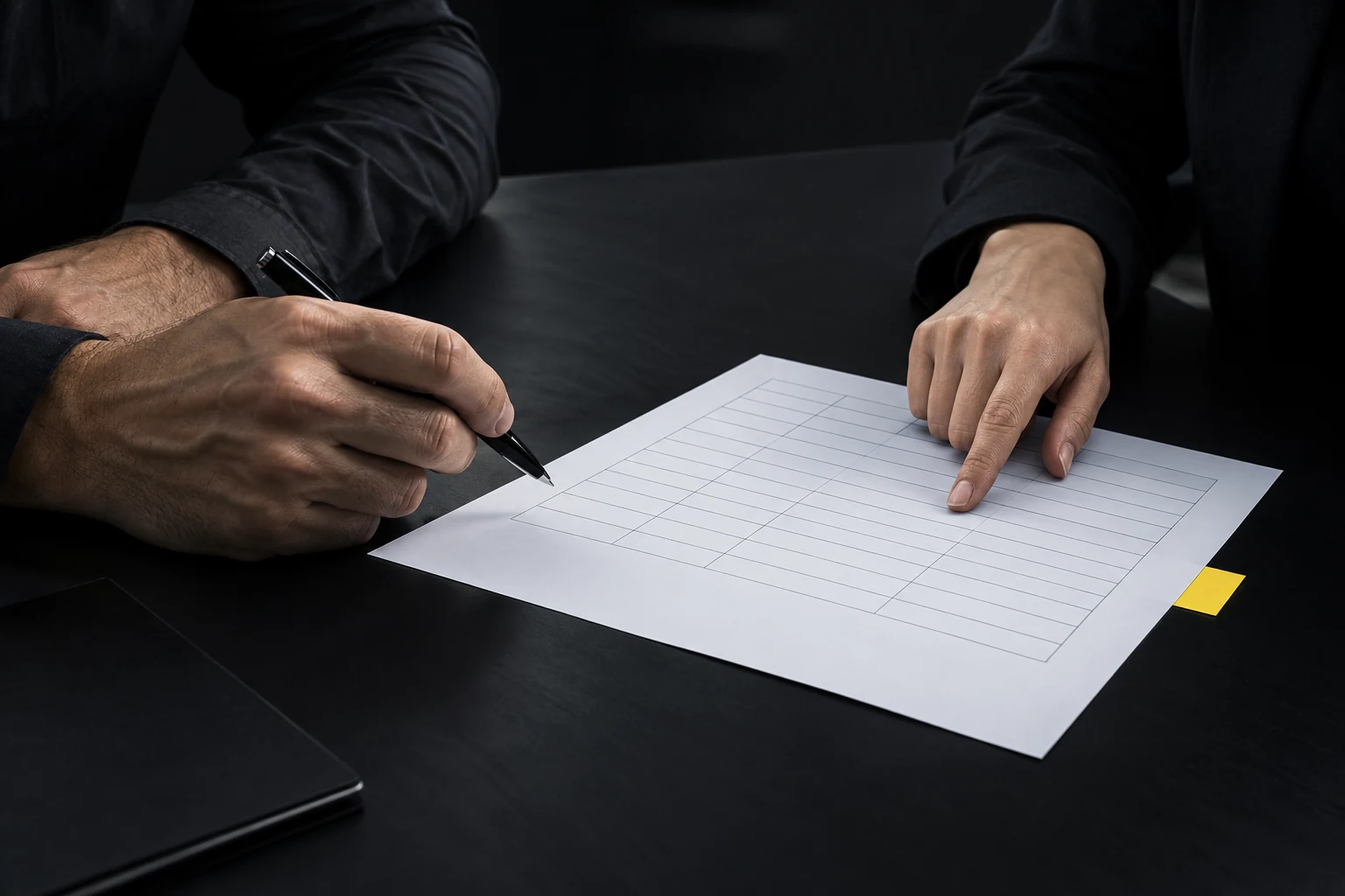 Illustrative professionals reviewing a paper vehicle schedule together